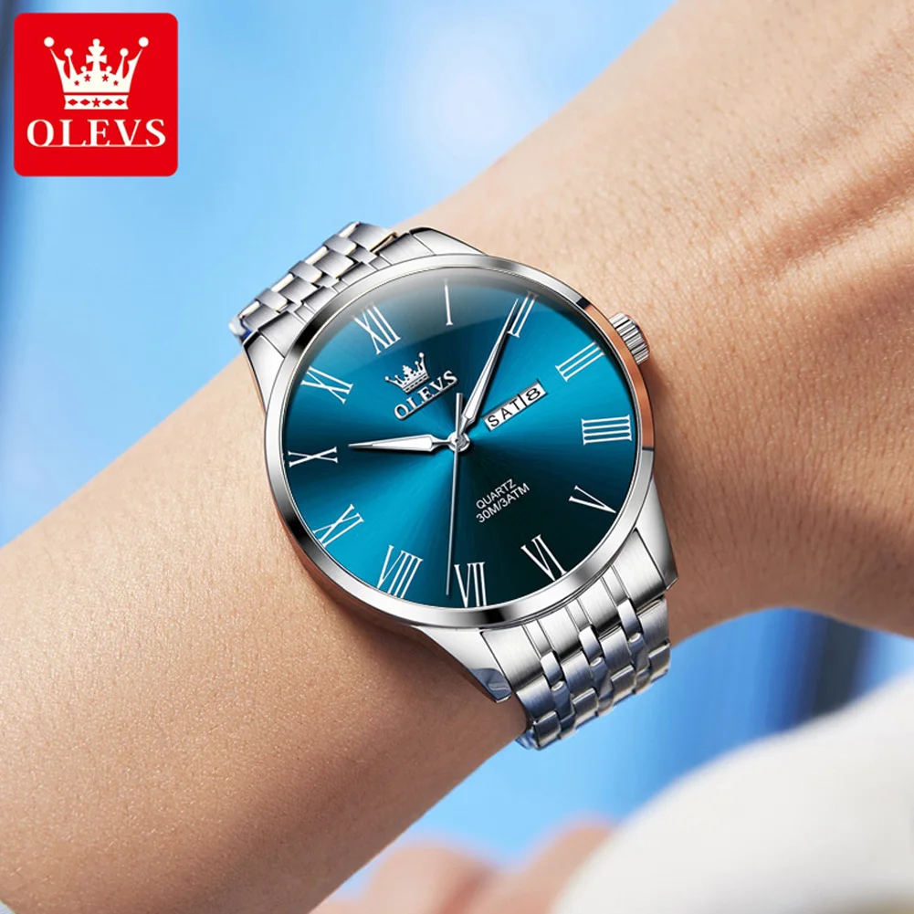 OLEVS-reloj ejecutivo de cuarzo para hombre, cronógrafo sencillo de acero inoxidable, resistente al agua, con calendario doble, marca Original