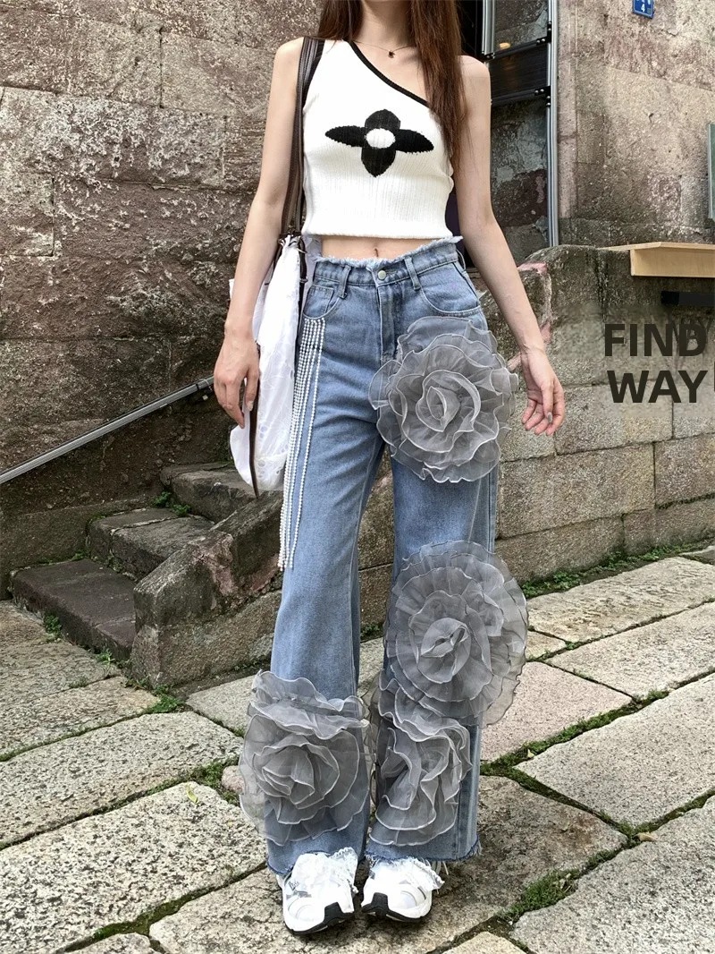 

Синие джинсы с высокой талией, женские, весенние, с цветочным декором, с рваным краем, прямые брюки, универсальные, модные