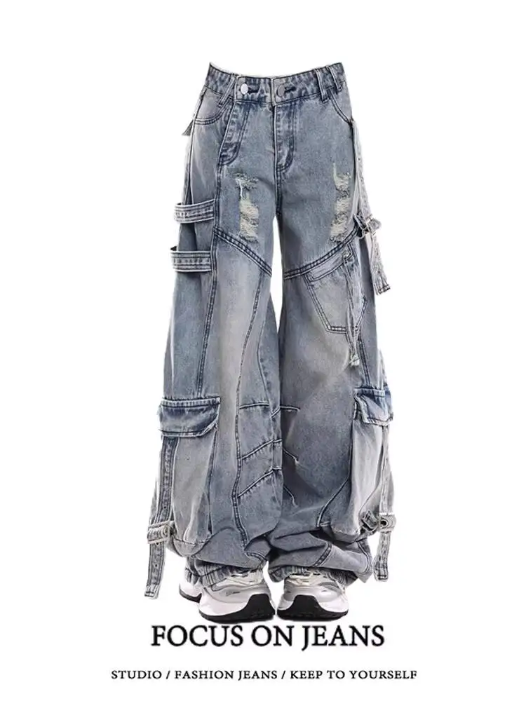 Unsiex Jeans 2026 Spring Women's Retro Cargo Jeans Belted Ripped Curved Leg Multi Pocket Irregular Denim Loose Wide Leg Pants