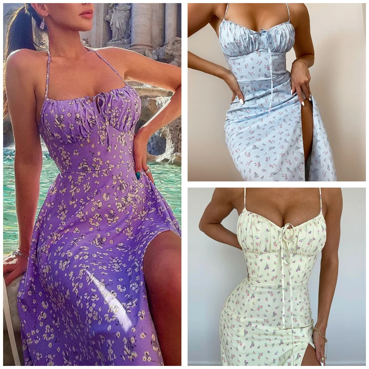 Sexy Women's Floral Print Cami Dress with Side Slits Tie-Waist Design for a Slim Fit Perfect Beach Vacations Parties Casual Wear