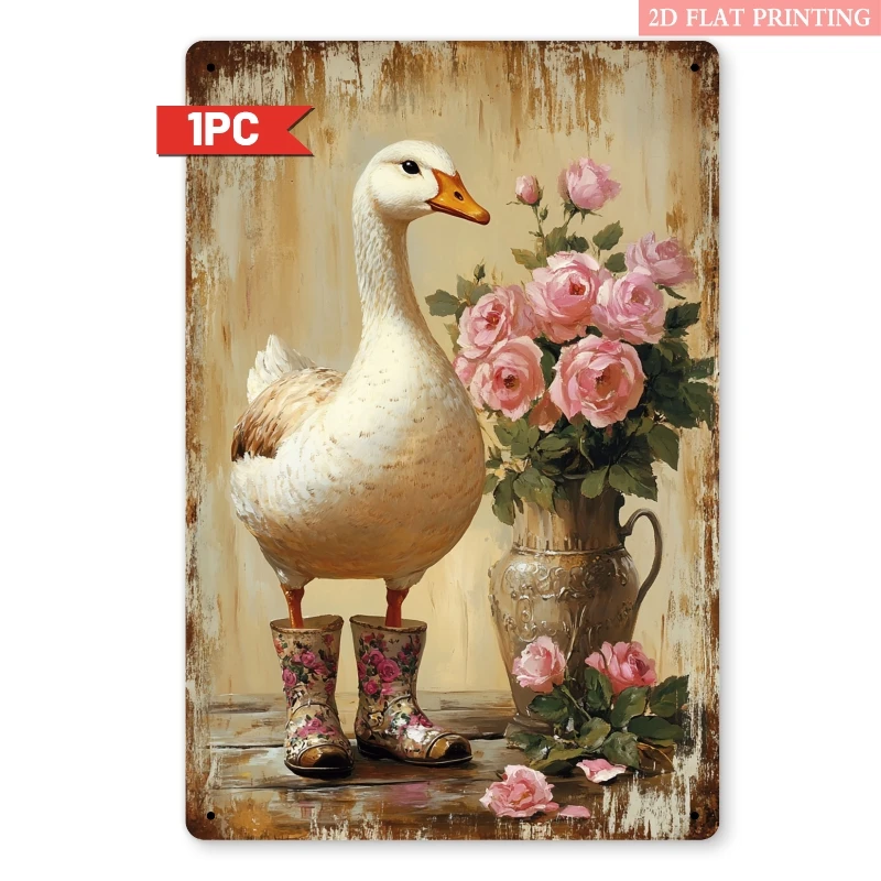 8x12 Inch Vintage Duck and Pink Roses Metal Tin Sign, Retro Wall Art Decor for Living Room, Bedroom or Patio