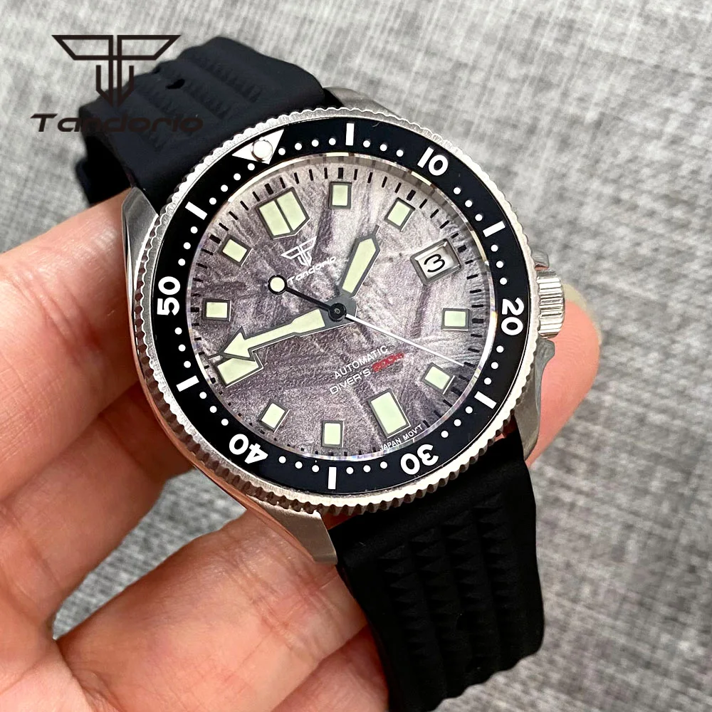 Tandorio 37mm NH35A Dive Automatic Watch for Men Ladies Luminous Meteorite Pattern Dial Sapphire Glass Ceramic Bezel Date Rubber