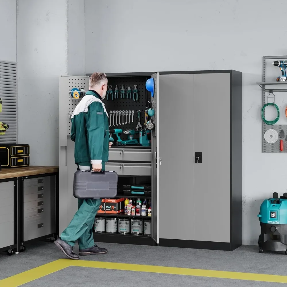 

Metal Garage Tool Storage Cabinets with Pegboard, Heavy Duty Steel Cabinet with Drawer and Adjustable Shelves
