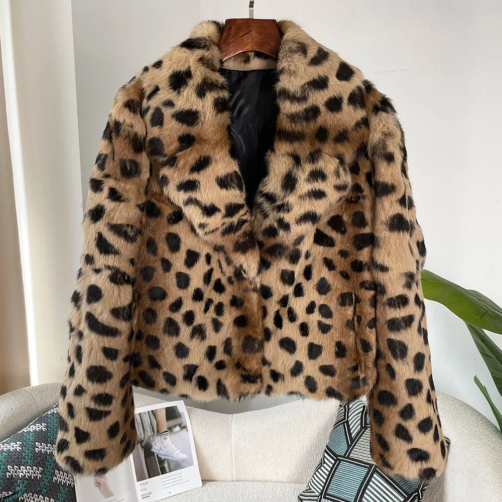 Real Natural Rabbit Fur Coat Winter Jacket Women Thick Warm Elegant New Fashion Turn-down Collar Outerwear Streetwear Leopard