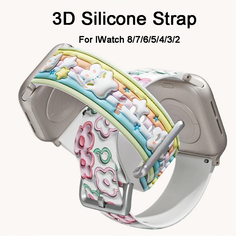 애플 워치용 3D 실리콘 스트랩, 울트라 49mm, 38mm, 40mm, 41mm, 45mm, 44mm, 42mm 패턴 인쇄 손목 밴드, 아이워치 시리즈 8, 7, 654 SE용