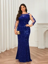 O Neck Curve Long Sequined Velvet Lace Evening Dress Prom Gown Floor Length Backless Maxi Dresses