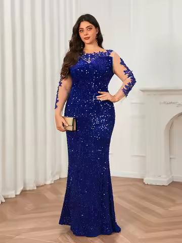 O Neck Curve Long Sequined Velvet Lace Evening Dress Prom Gown Floor Length Backless Maxi Dresses