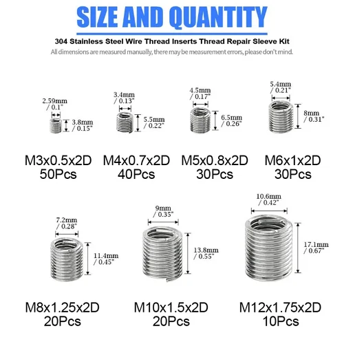 Imagen 2 del producto 200 Uds Helicoil Kit de inserción de alambre de inserción de rosca M3 M4 M5 M6 M8 M10 M12 juego de recuperación de rosca de manga de tornillo de acero inoxidable 304