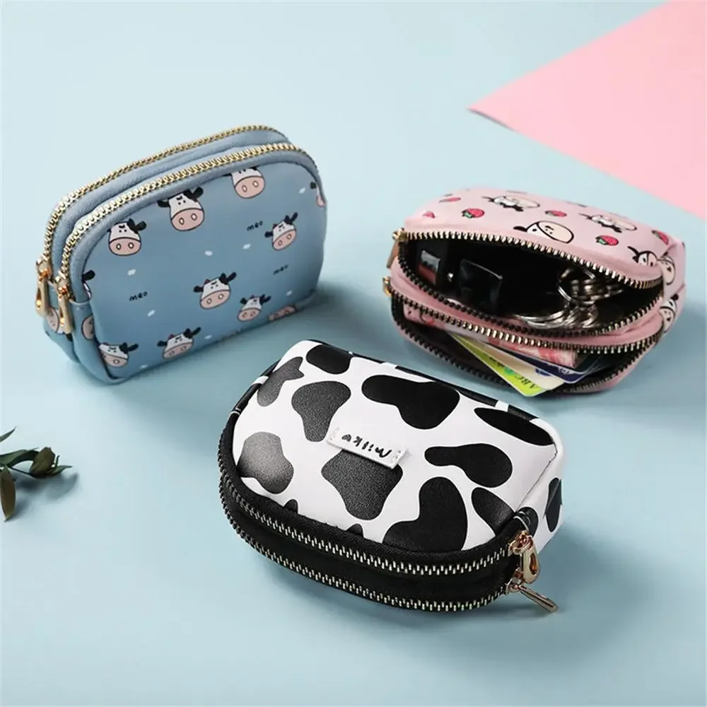 Cute Cow Pattern Coin Purse for Women Card Wallet Students Double Pocket Zipper Key Bag Portable Lipstick Bank Card Storage Bag