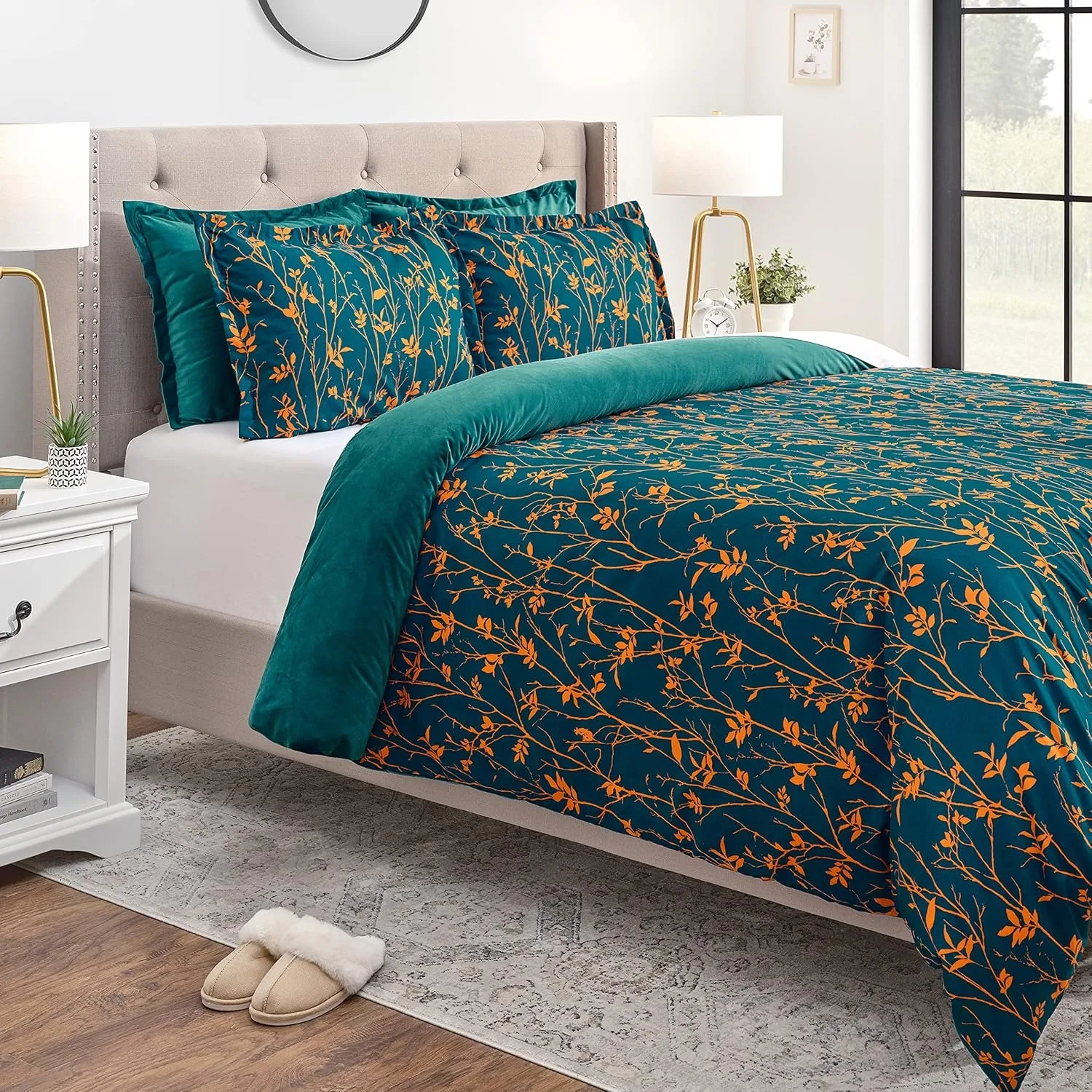 Reversible Ultra Soft Brushed Microfiber Velvet Bedding Comforter Duvet Cover Set - Teal Yellow Bramble Leaves Foliage Print