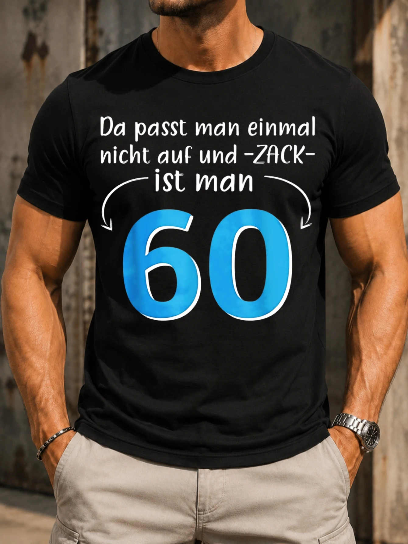 German suddenly sixty birthday joke with large blue 60 and arrows Illustrated with bold themed  Unisex All T-Shirt