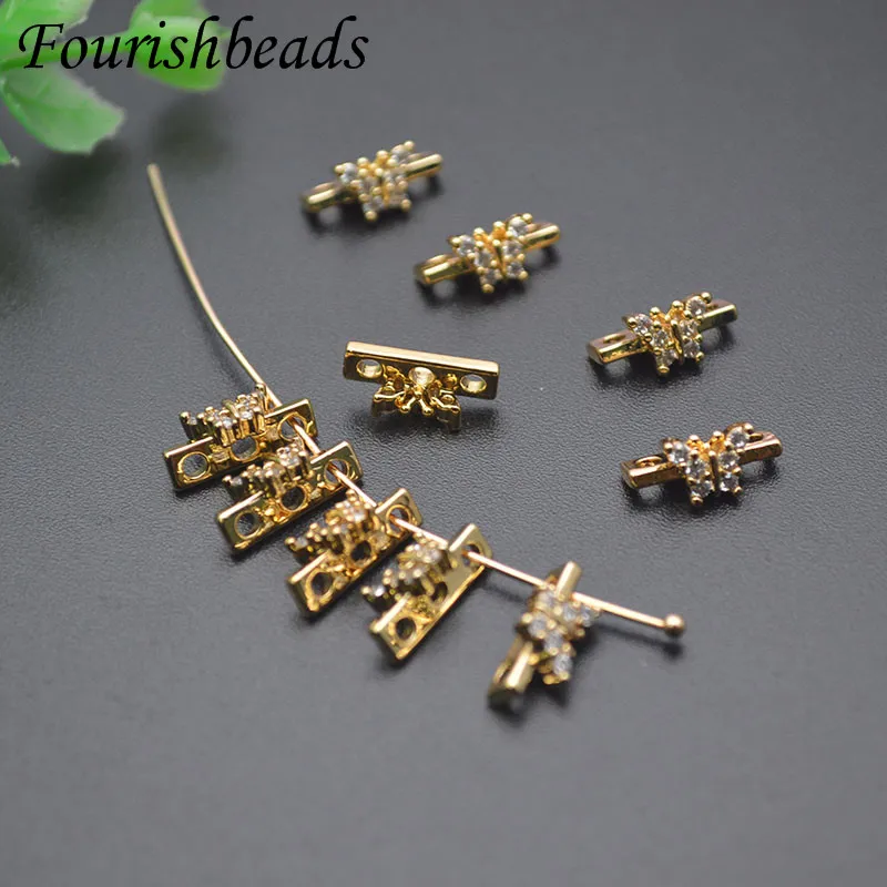 Good Quality 18k Real Gold Plated 3 Hole Paved CZ Beads Rectangular Butterfly Shape Loose Beads for DIY Jewelry Part