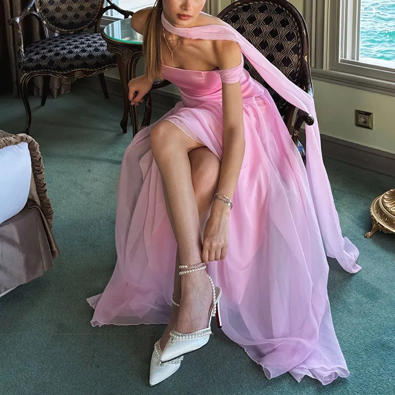 Damesmode splitsen gedrapeerde effen lange jurk sexy backless taille feestjurk elegante off-shoulder korte mouw jurken jurk