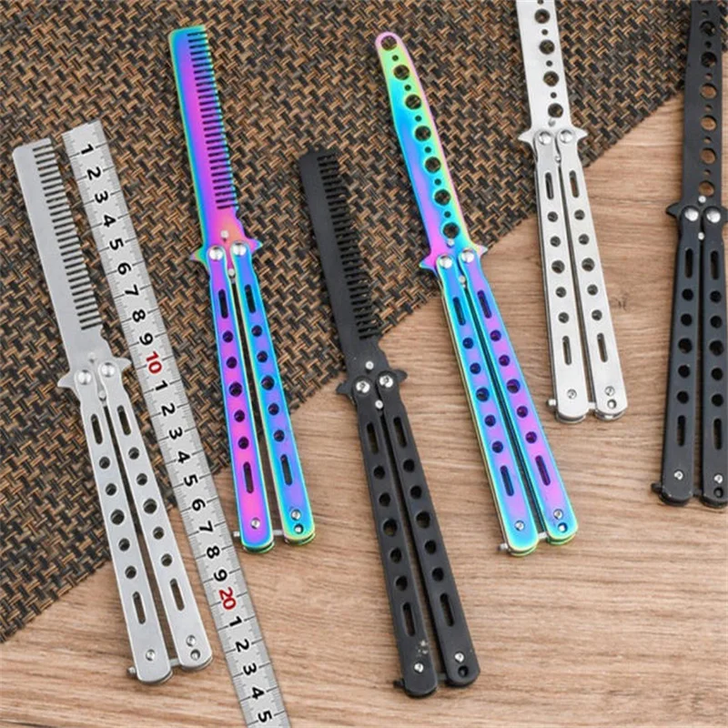 1/2PCS Stainless Steel Butterfly Knife Comb Foldable Practice Training Beard Moustache Hairdressing Styling Tool