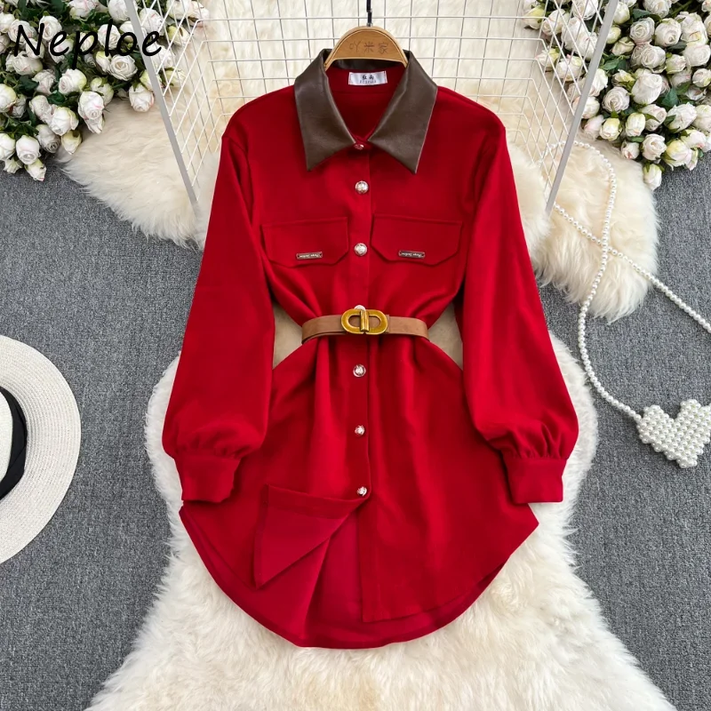 Neploe Turn Down Collar Contrast Color Long Sleeve Robe Femme Single-breasted Belt Slim Waist Dresses Vestidos De Mujer Elegant