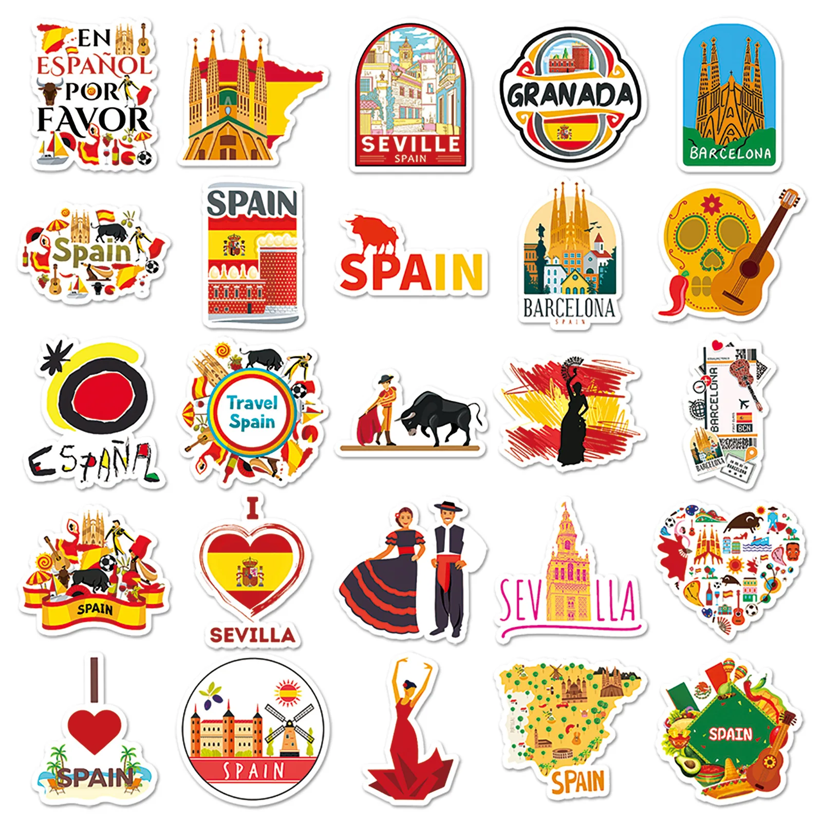 10/30/50PCS Espagne Scenic Spot Autocollants Voyage Dessin Animé Graffiti Autocollant Bagages Ordinateur Portable Téléphone Guitare Voiture Vélo Skateboard Autocollants