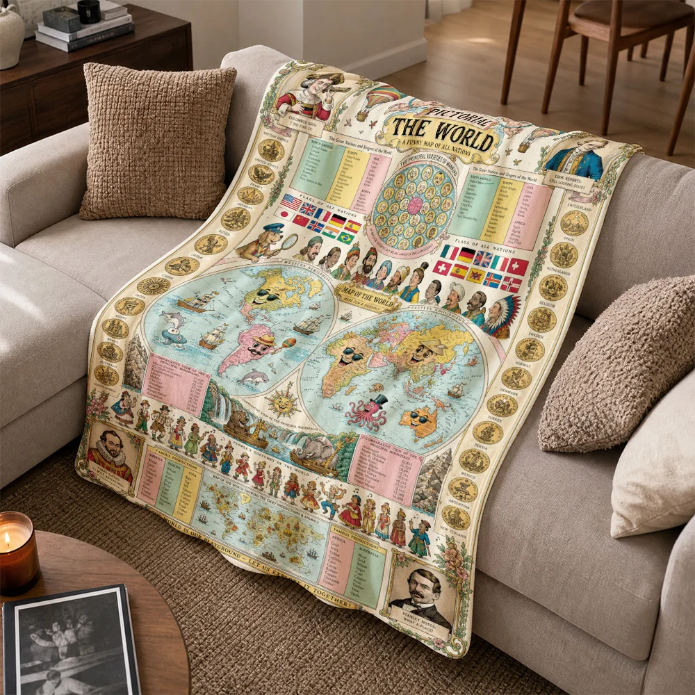 Vintage World Map Throw Blanket Sofa Couch Decor Retro Travel Geography Educational Picnic Blanket Large Size Antique Gift for H
