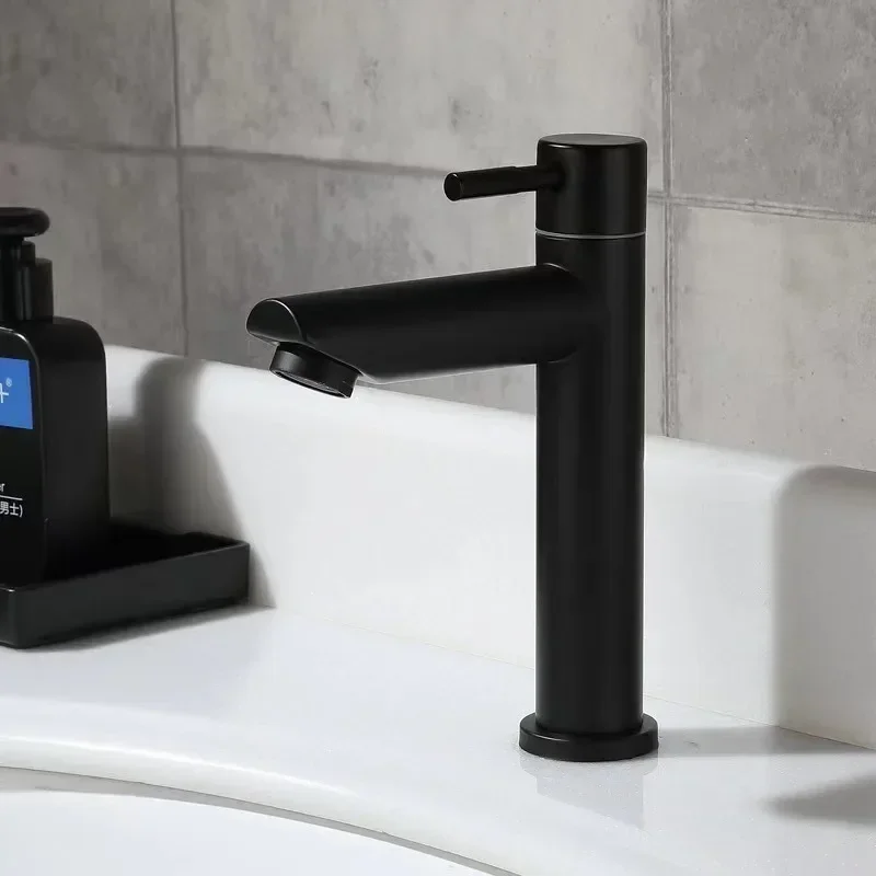 Grifo de lavabo de acero inoxidable 304, grifo individual de agua fría, Color negro y plateado, montado en cubierta, grifo de fregadero para lavabo alargado y elevador