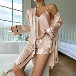 Simple Satin Pajama Set Long Sleeve Belted Robe V Neck Cami Top And Shorts Women's Sleepwear