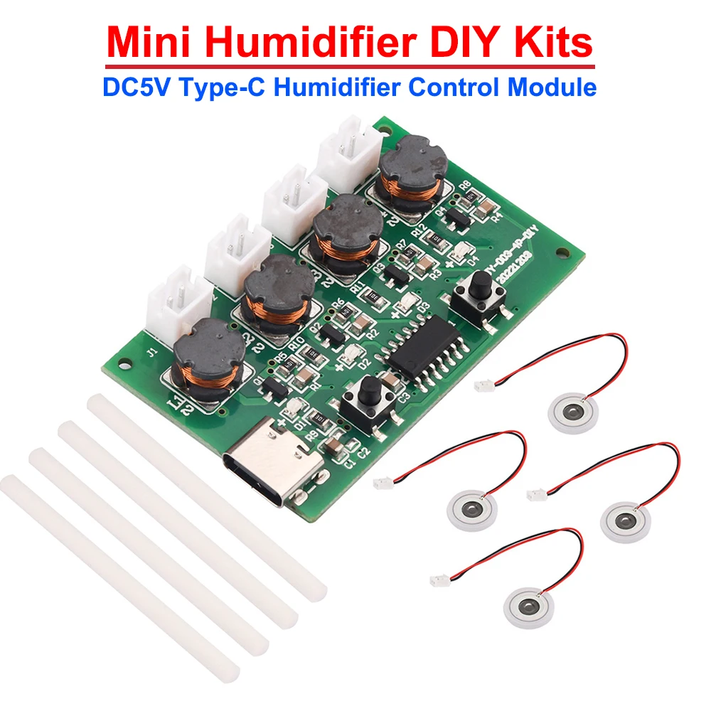 DC5V Type-C Mini Humidifier DIY Kits Mist Maker and Driver Circuit Board 4 Fogger Atomization Film Atomizer Sheet Oscillating