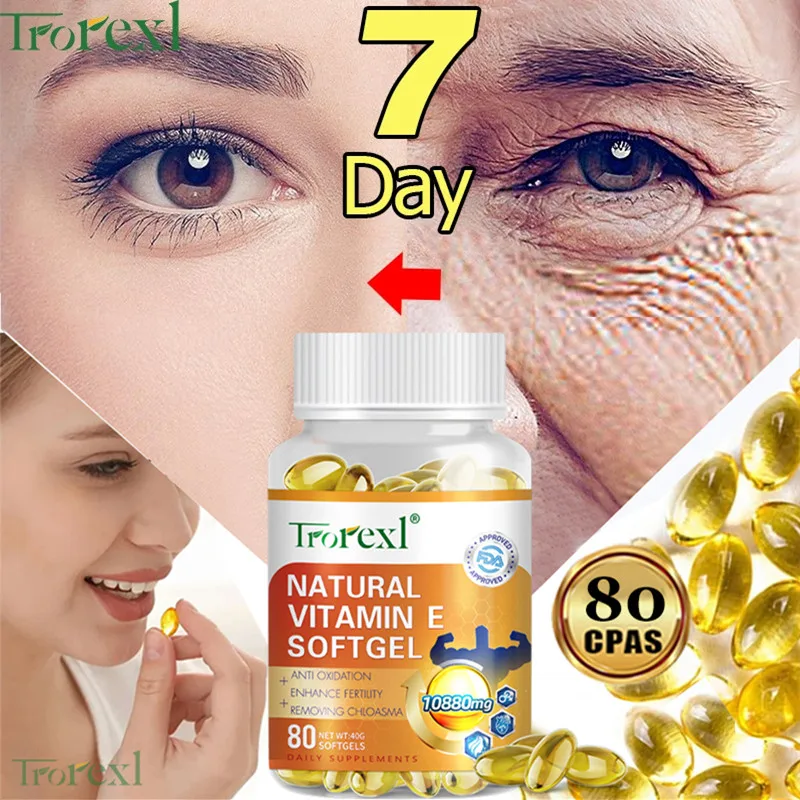 Vitamin E| 100% Natura | 80 Capsules | Wrinkle Remover Anti Aging Whitening Moisturizing Fade Fine Lines Dark Spots, Antioxidant