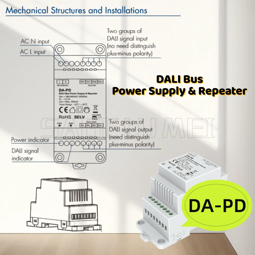 

НОВЫЙ источник питания и повторитель шины DA-PD DALI MAX200 мА, 100–240 В переменного тока, монтаж на DIN-рейку, длина линии DALI от 300 до 1200 м, основной DALI (макс. 300 м)