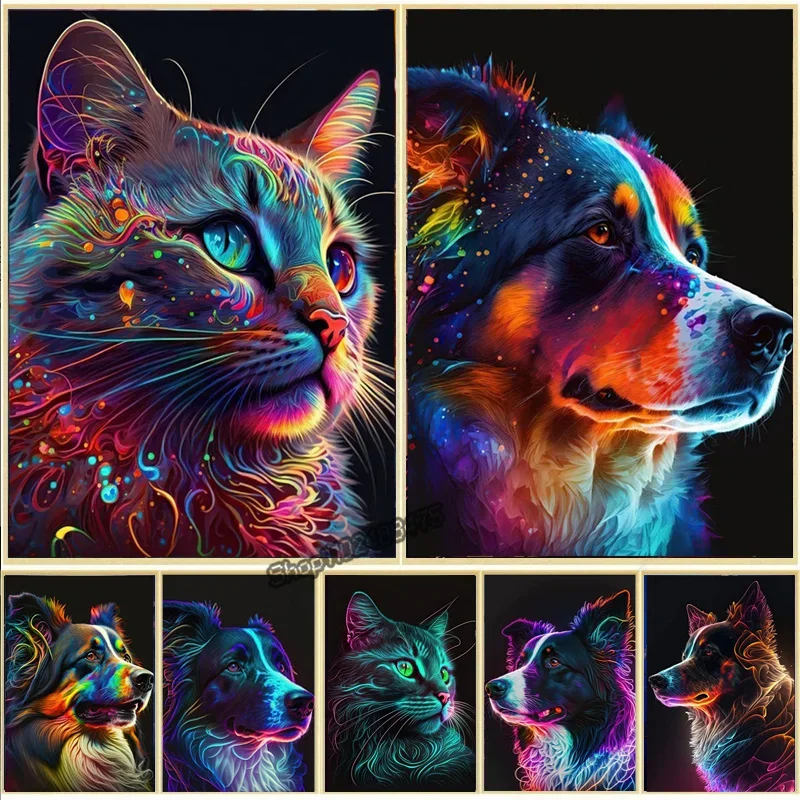 Póster de perro y gato con efecto neón, impresión en lienzo de animales Border Collie, arte de pared moderno, imagen decorativa estética para el hogar, sin LED