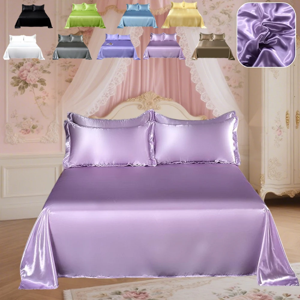 

Summer Bed Sheet Solid Color Ice Silk Fabric Plain Dyed Satin Polyester Flat Sheet Queen Size for Bedding Draps De Lit Drap Plat