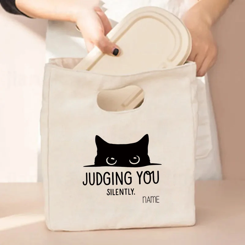 Customized Name Insulated Bag with Cat Print Design Large Capacity Multi Functional and Foldable Canvas Bag for Women Gift