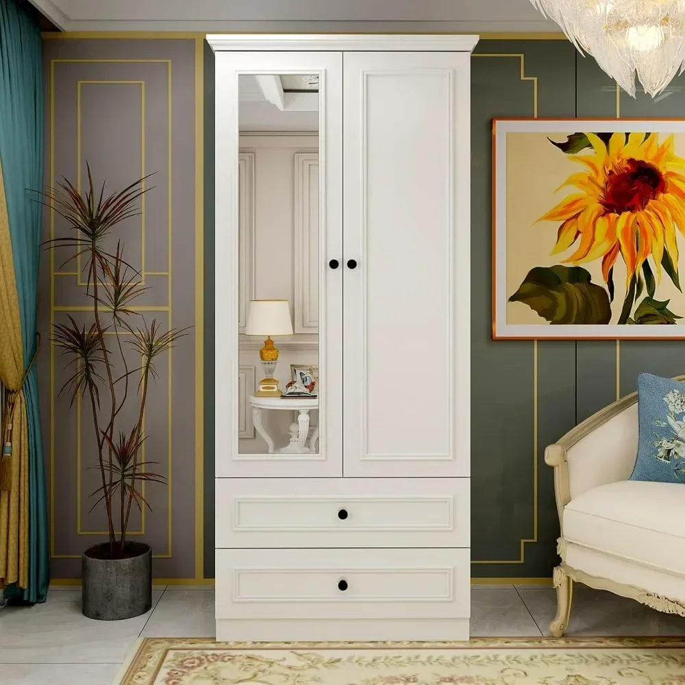 Wooden wardrobe with mirror doors, 2 modern white doors, bedroom hanging pole