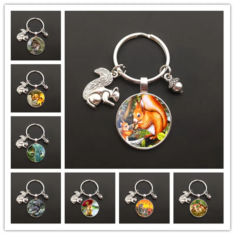 Cute Squirrel Glass Image Keychain Fashion Metal Squirrel Pine Nut Keychain Animal Keychain Car Keychain Jewelry Gift Handbag