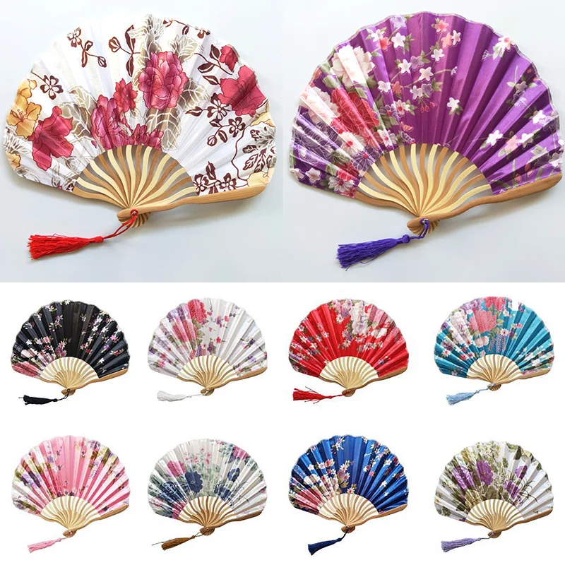 Flower Print Hand Fold Fan Woman Dance Props Wedding Living Room Cabinet Decor Bamboo Wood Silk Flower Folding Fan