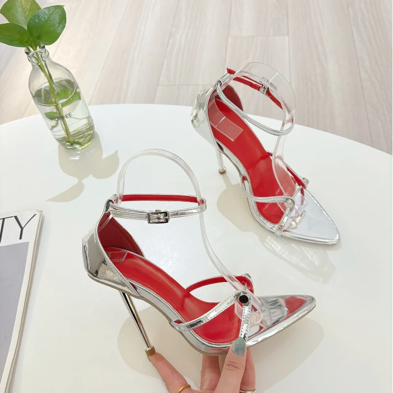 New Summer Women's High Heels Metal Decoration Pointed Electroplating Super High Heel Sandals Large Size Single Shoes