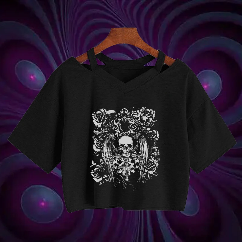 

2000s Y2k Creative Skull Pattern Print Crop Top Gothic Aesthetics Sexy Versatile Women Tee Fashion Punk Casual Harajuku T-shirts