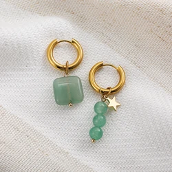 Handmade Natural Green Stone Beads Drop Earrings for Women Golden Color Stainless Steel Circle Huggie Bohemian Jewelry Bijoux