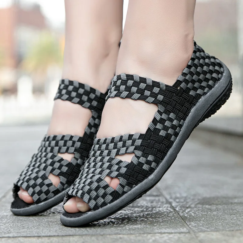 

Woman Elastic Band Sandals Ladies Weave Flats Women Mixed Color Female Peep Toe Fashion Shoes Comfortable Footwear Plus Size