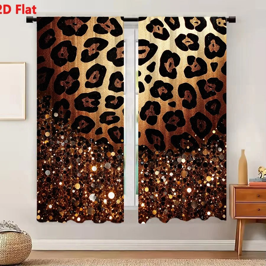 2Pcs Curtains Add 2D Flat Leopard Print Gold Glitter Sequin Pattern Luxurious Festive Design Window Drapes for Bedroom Room Deco