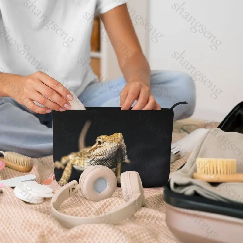 Sac à cosmétiques Dragon barbu Gecko à crête, sac de rangement de toilette, boîte de luxe pour femmes, voyage, fermeture éclair, sac de rangement imprimé en velours côtelé, cadeau