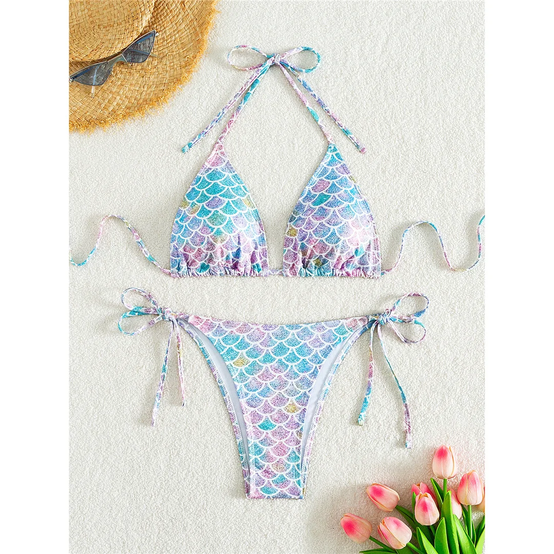 XS - L Bedruckter Neckholder-Bikini mit hohem Beinausschnitt, Damen-Badebekleidung, zweiteiliger Bikini-Set, Badeanzug, Badebekleidung, Schwimmanzug V5302 – Detail 10