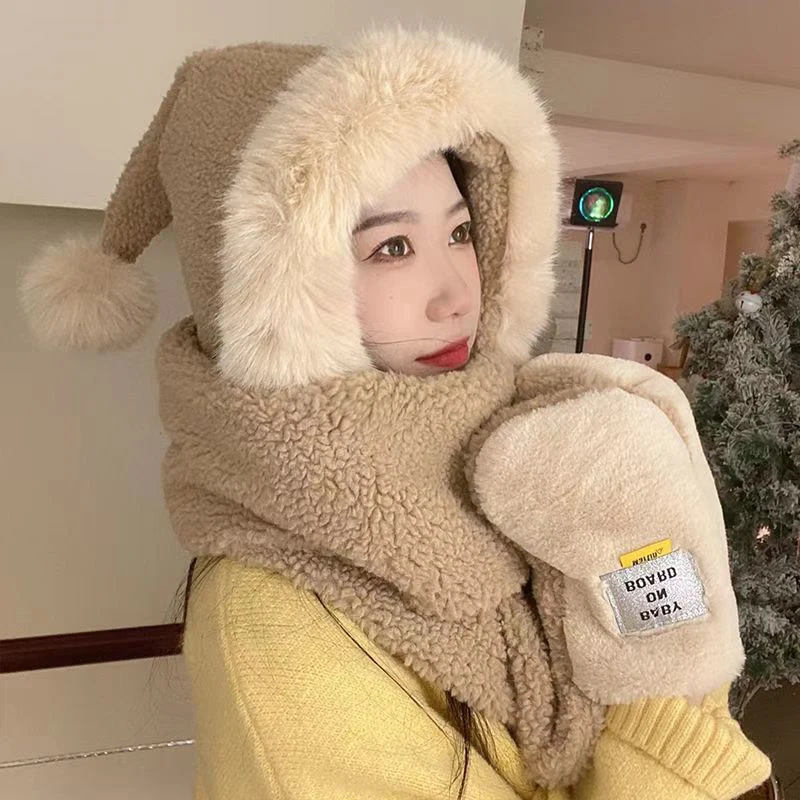 

Winter Warm Plush Hat Scarf Gloves Set 3in1 Windproof Neck Warmer Ear Protecting Hat Thick Creative Christmas Hat-shaped Design