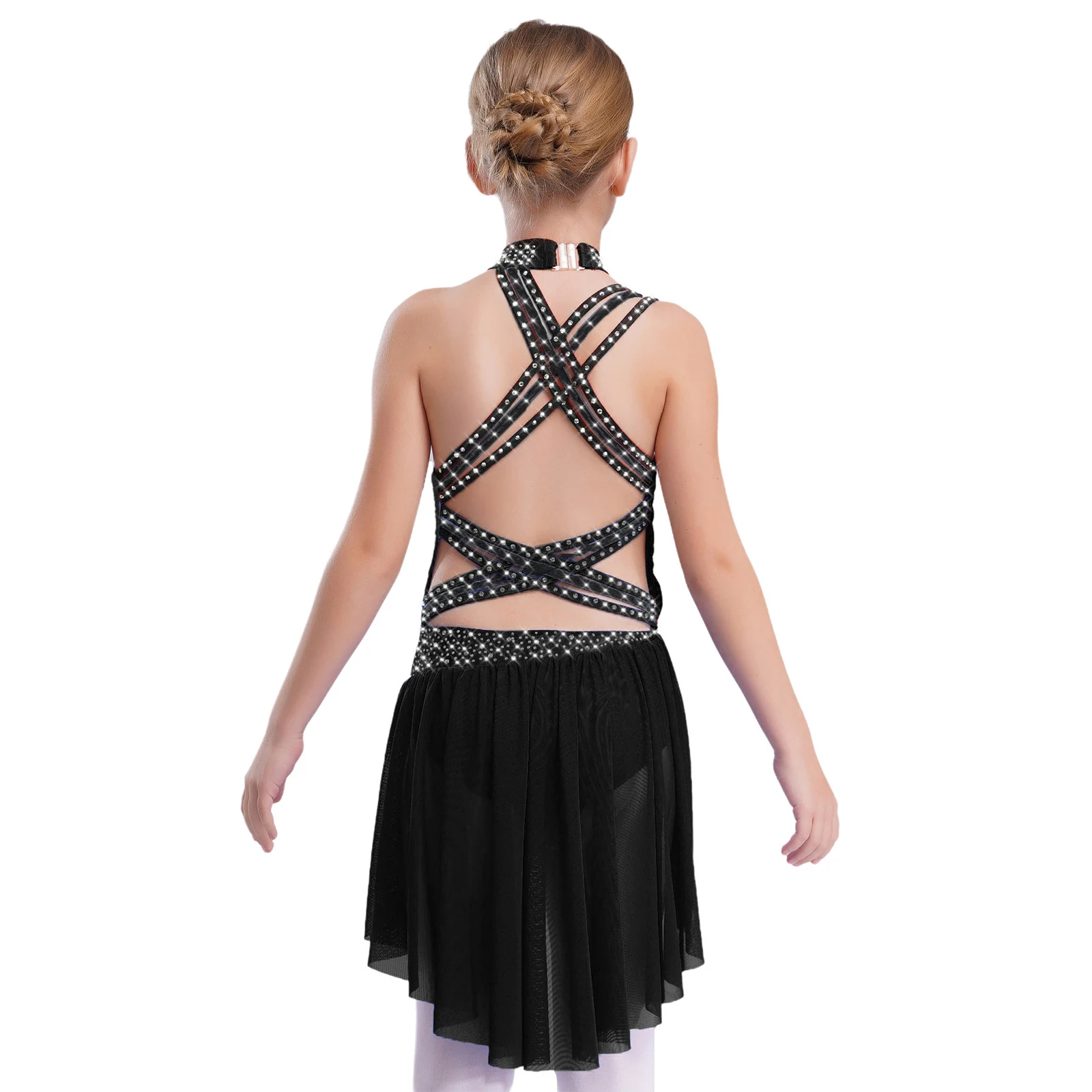 Kids Girls Ballet Dance Figure Skating Gymnastics Costume Shiny Rhinestones Sleeveless Sheer Mesh Leotards Performance Dancewear