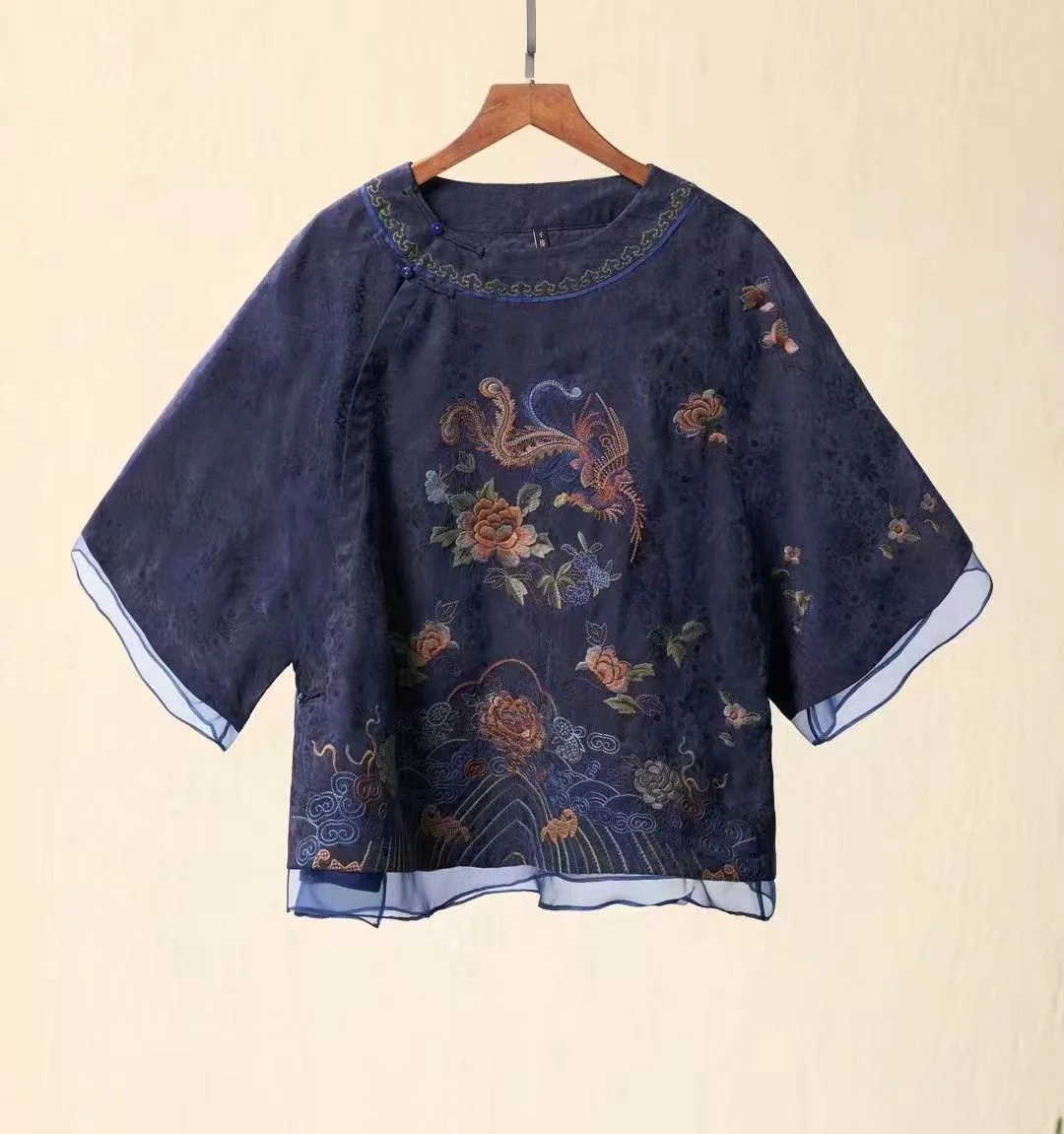 Luxury spring clothes 100% Cuprosilk fibers vintage tops national style Jacquard embroidery loose blue women's blouses