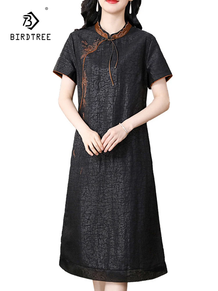 

BirdTree, 100%Real Silk Watered Gauze Elegant Dress, Women Short Sleeve Embroidery, Retro OL Dresses, 2024 Summer Fall D46053QC