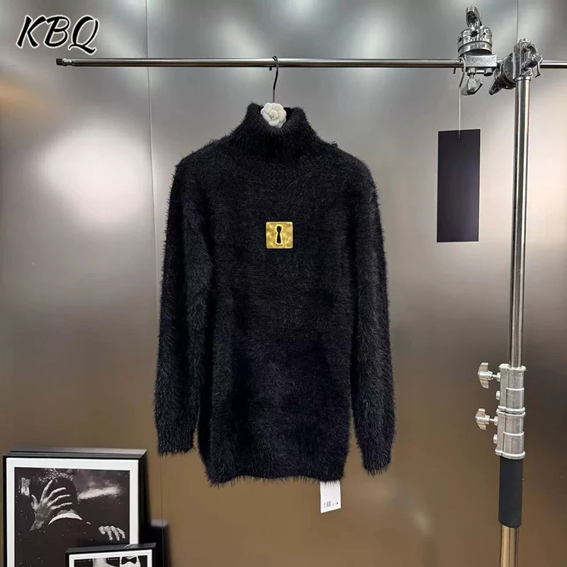 

KBQ однотонный свободный свитер с металлическими украшениями для женщин, пуловер с воротником-стойкой и длинными рукавами, женский зимний свитер, новые поступления