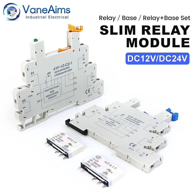 Ultra Thin Relay Module DIN Rail Mounting HF41F 12-ZS 24-ZS Ultra Slim Ultra-thin Electromagnetic Relay DC 12V 24V 6A with LED