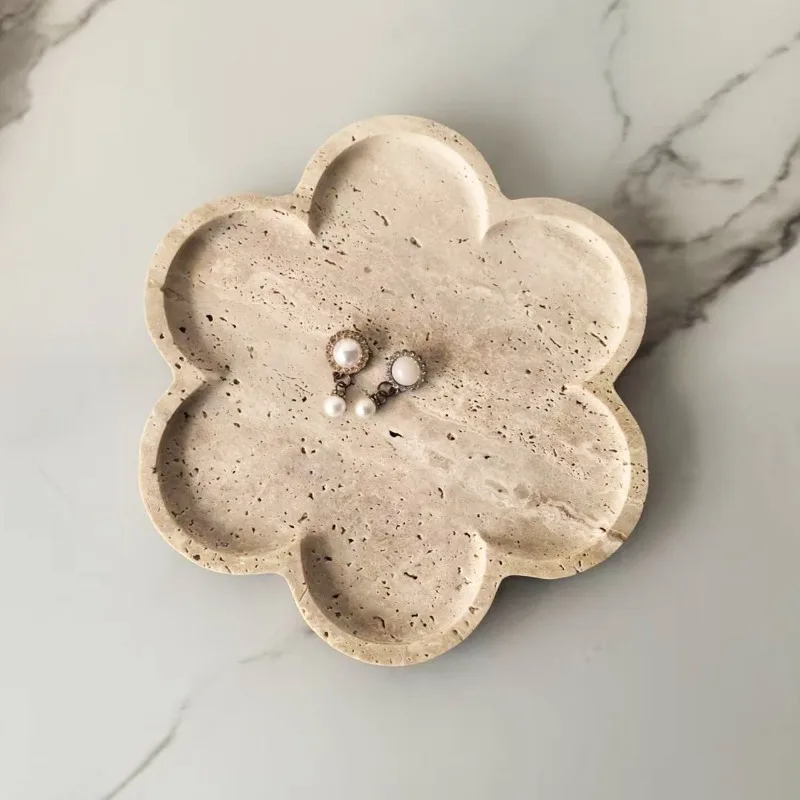 Natural Marble Flower Shaped Tray,Travertine Stone Tray Marble Jewelry Dish Trinket Tray for Women, Perfume, Coffee Table
