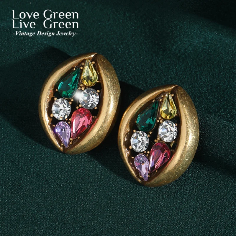 

Vintage Colorful Crystal Eye Stud Earrings Luxury Designer Antique Gold Color New Style For Women Jewelry Accessories 2025 Trend