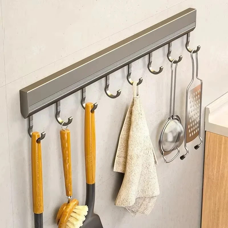 Kitchen Storage Rack Aluminum Alloy Hook Rack Wall Mounted Kitchen Utensil Storage Rack Bathroom Robe Towel Hanger With Hooks