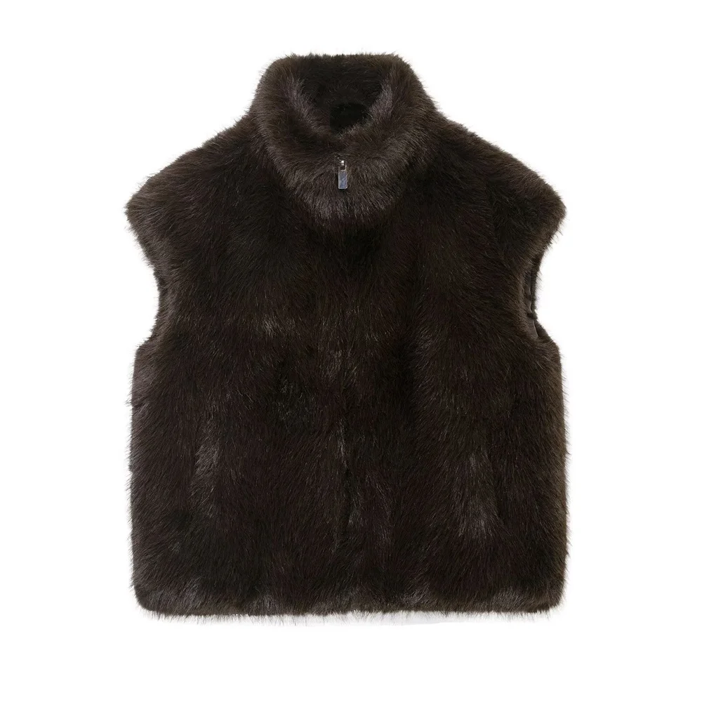 

New autumn and winter women's fashion versatile stand up collar sleeveless top with artificial fur effect vest