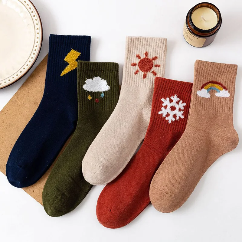 Women Harajuku Sweet Socks Cotton Female Autumn Winter Weather Sun Clouds Snowflakes Rainbow Lightning Print Calcetines Mujer